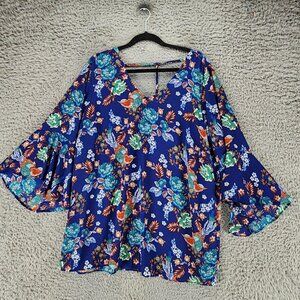Moa Moa Shirt Womens 1X Blue Floral Sheer V Neck Blouse *GUC*
